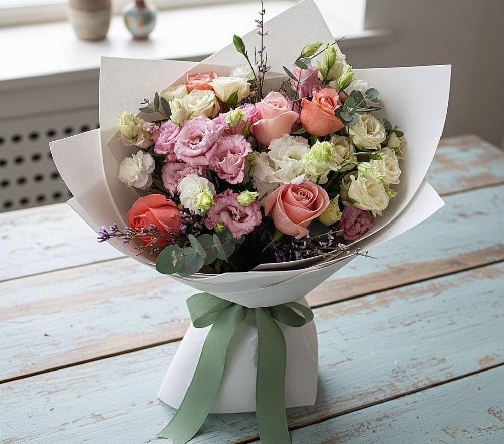 Букет цветов из: Розы, Лизиантусы и Гвоздики в Синдор