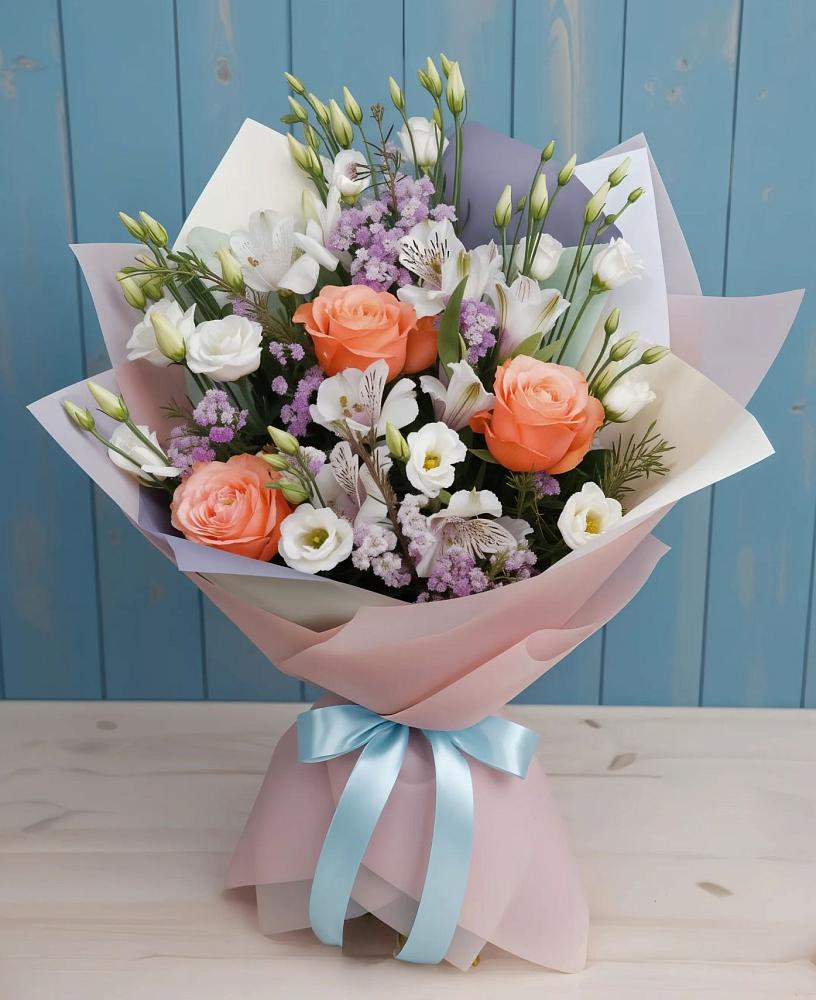 Букет цветов из: Лизиантусы, Розы, Альстромерии и Гипсофила в Синдор
