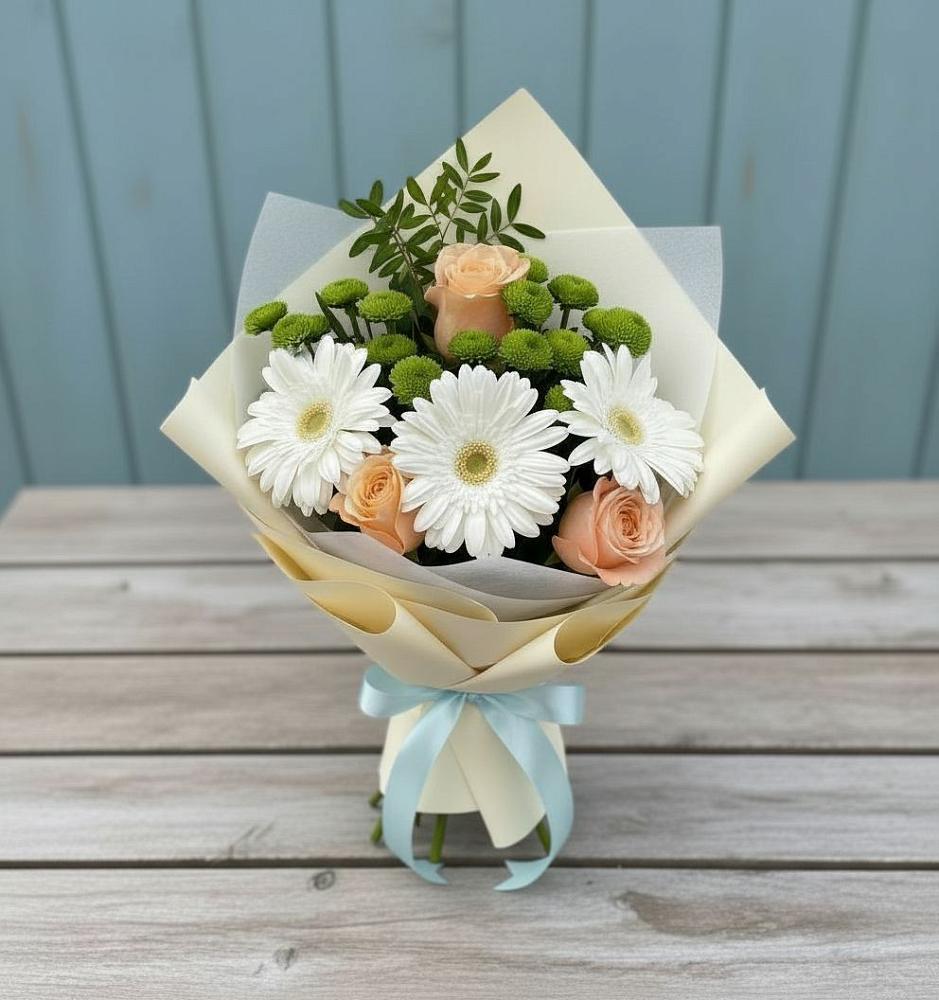Букет цветов из: Герберы, Розы и Хризантемы в Синдор